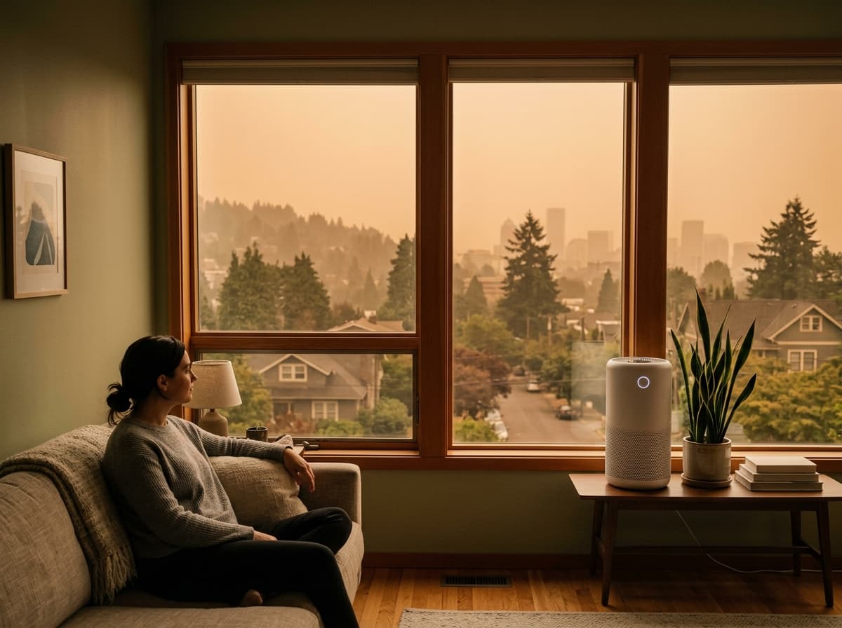 Portland home surrounded by smoky sky from wildfires with family inside using an air purifier and HVAC system to improve indoor air quality
