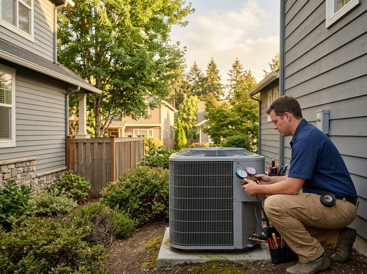 HVAC technician inspecting an outdoor AC unit that is blowing warm air at a Portland home during a summer heat wave
