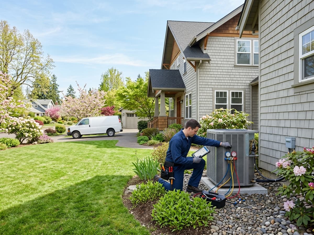 HVAC technician performing seasonal maintenance on a furnace and air conditioner in a Portland, Oregon home