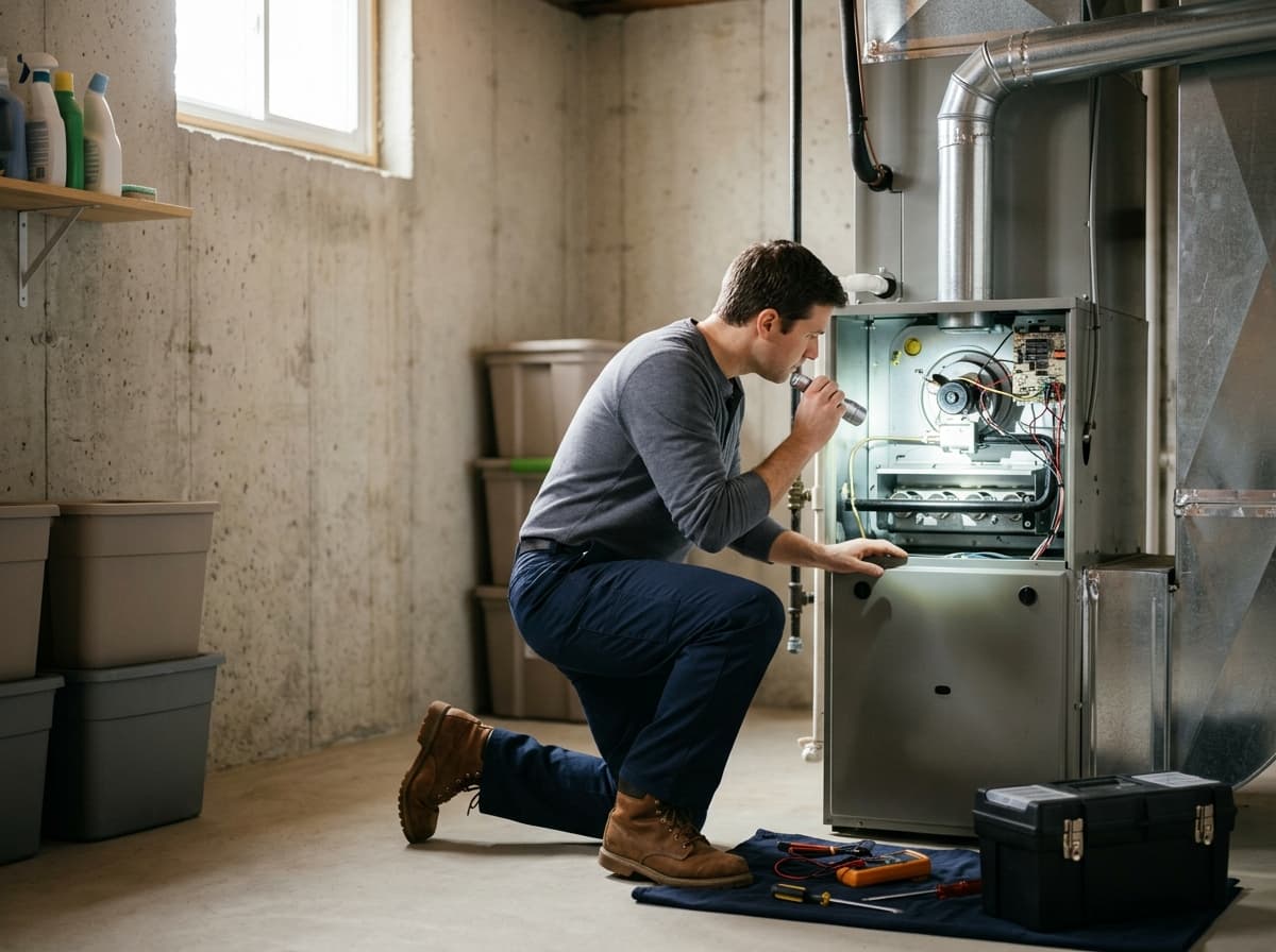 HVAC technician in Portland inspecting a home furnace that will not turn on
