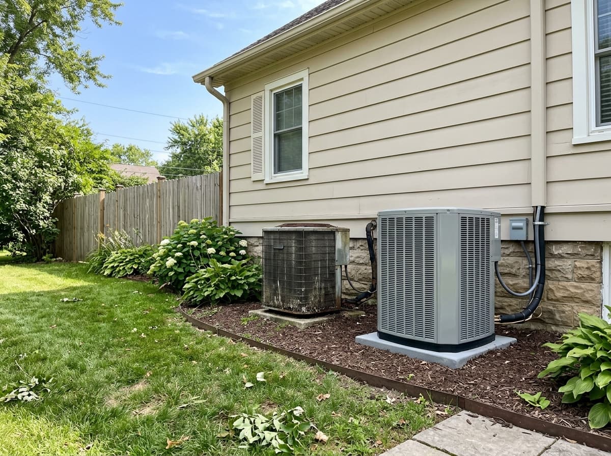 HVAC technician inspecting an outdoor AC unit at a Portland home to decide on repair or replacement