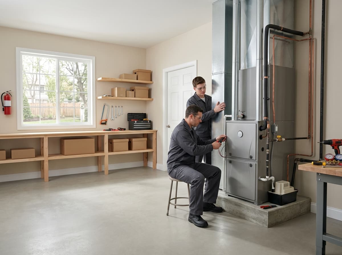 HVAC technician in Portland home reviewing AC and furnace installation cost options with a homeowner in the living room